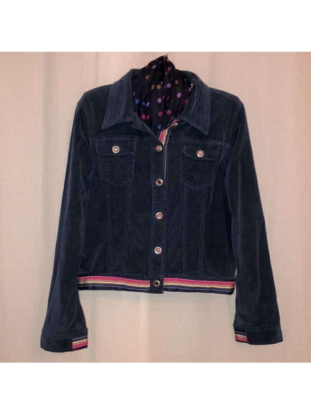 Molly B. XS Navy Pink Green Orange Yellow Stripe Jeweled Corduroy Jacket